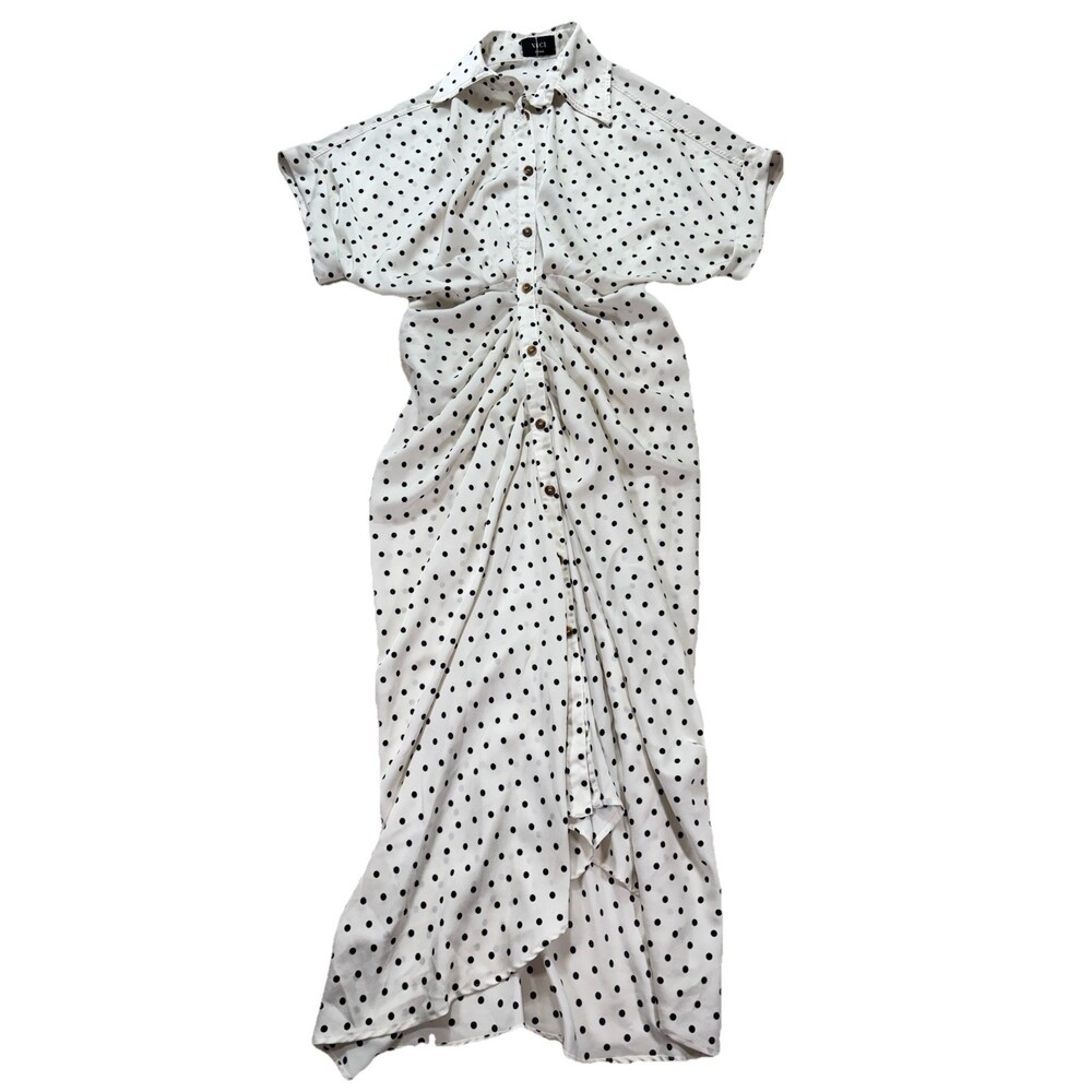 VICI Midi Shirt Dress Black White Polka-dot Print Gathered Front Draping Size S - Picture 2 of 8